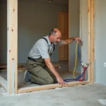 Homme bricolant en intérieur avec plaque de plâtre et câbles