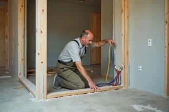 Homme bricolant en intérieur avec plaque de plâtre et câbles