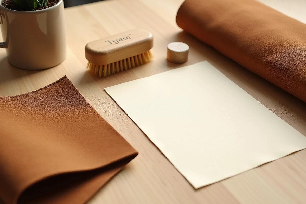 Gomme à nubuck, brosse douce et tissu nubuck cognac disposés en flat-lay pour illustrer l'entretien du canapé