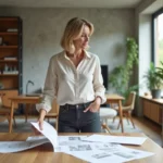 Femme consultant des plans de rénovation intérieure dans un salon moderne avec matériaux et échantillons sur une table en bois