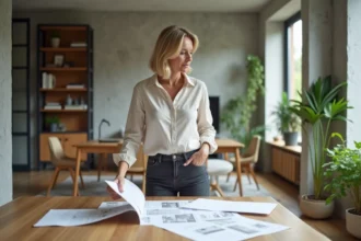 Femme consultant des plans de rénovation intérieure dans un salon moderne avec matériaux et échantillons sur une table en bois