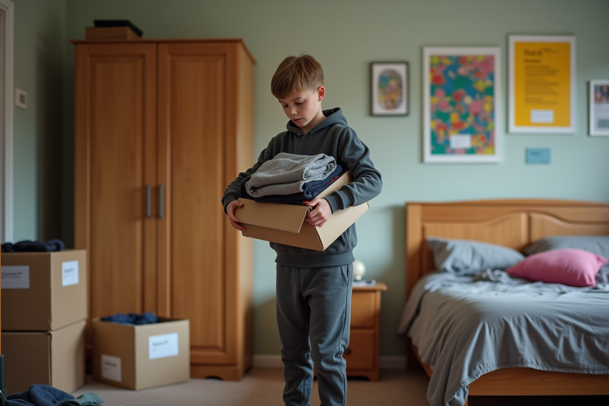 Adolescent rangeant des vêtements dans une boîte de déménagement
