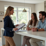 Agent immobilier avec couple dans une cuisine moderne