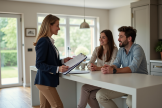 Agent immobilier avec couple dans une cuisine moderne