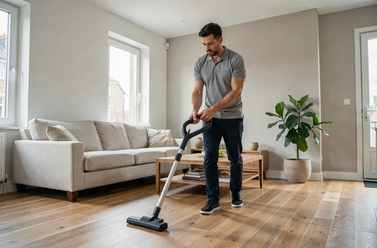 Agent de ménage masculin passant l'aspirateur dans un salon contemporain avec parquet en bois clair