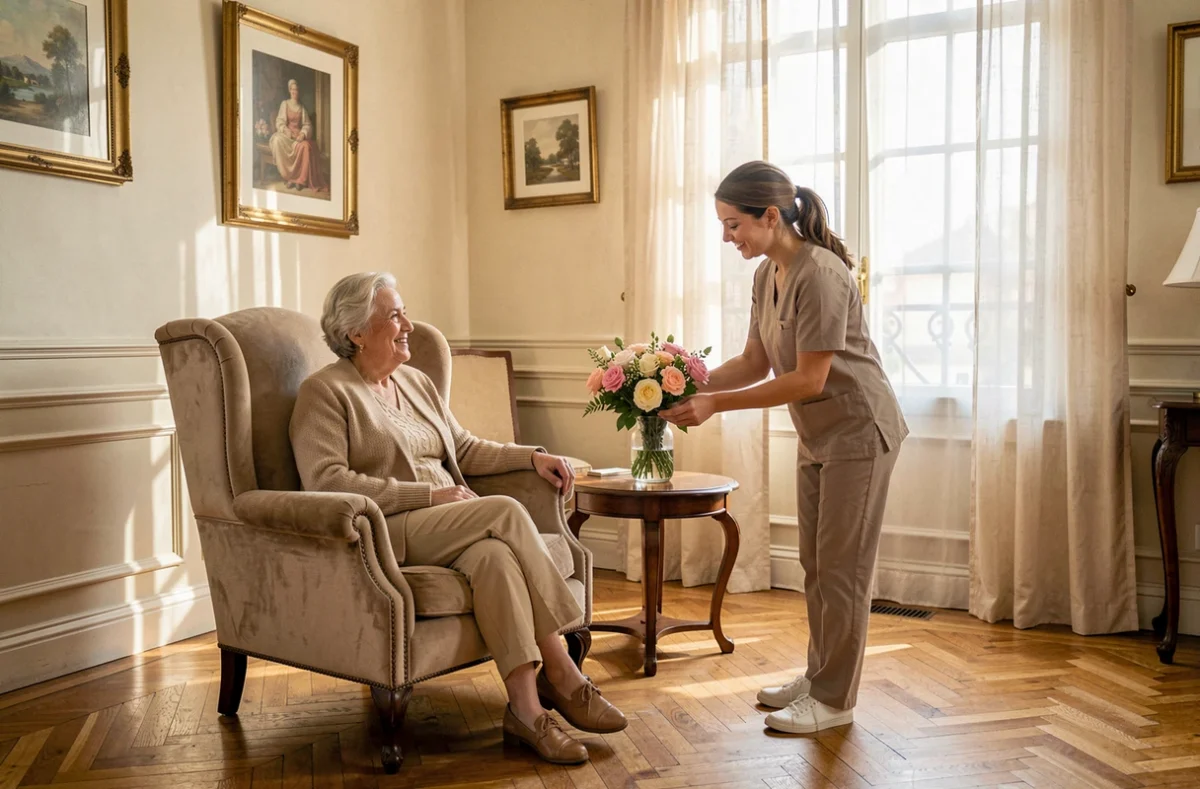 Aide à domicile arrangeant des fleurs pour une personne âgée dans un salon chaleureux à Pau