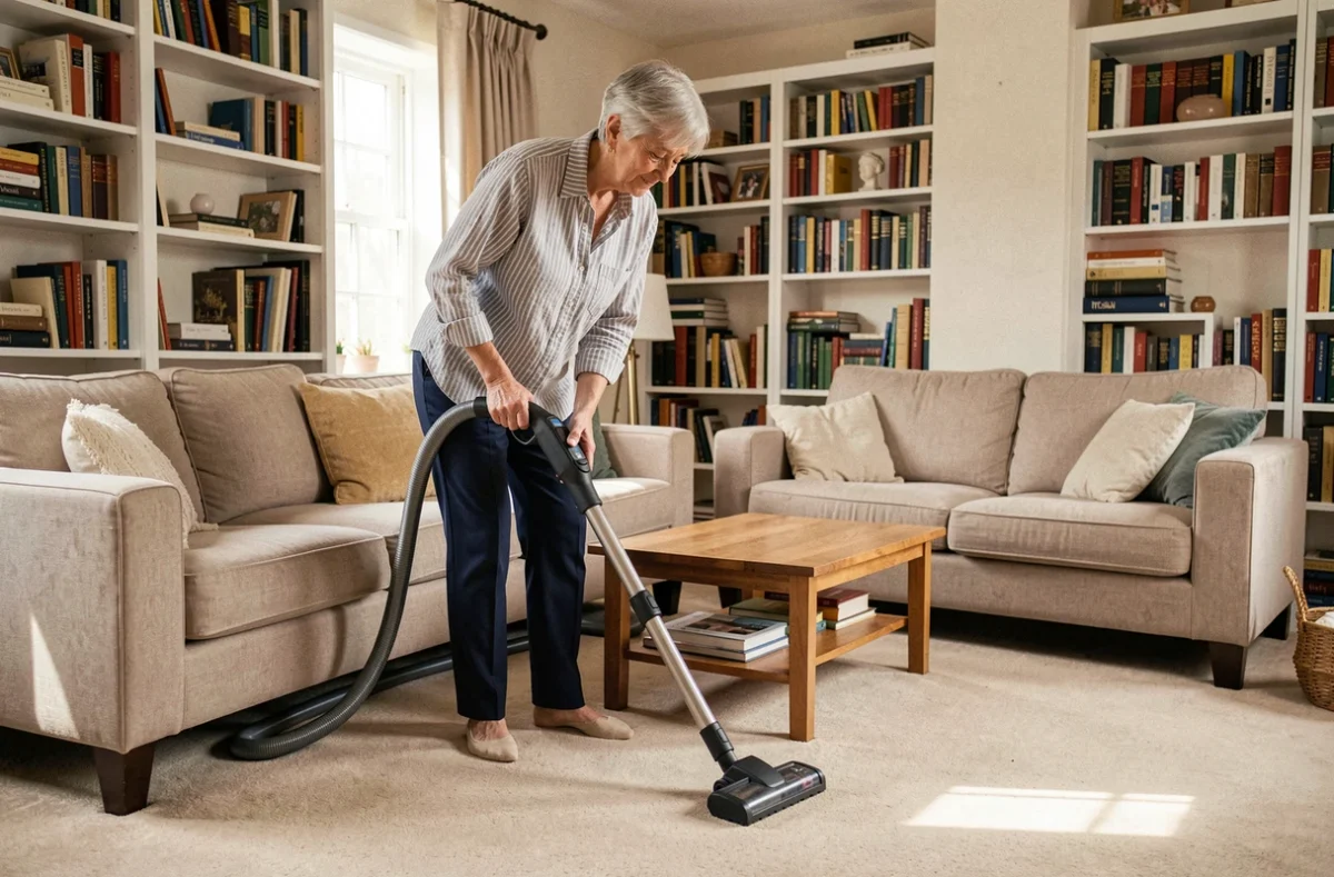 Femme aide ménagère passant l'aspirateur dans un salon cosy avec moquette beige et bibliothèque