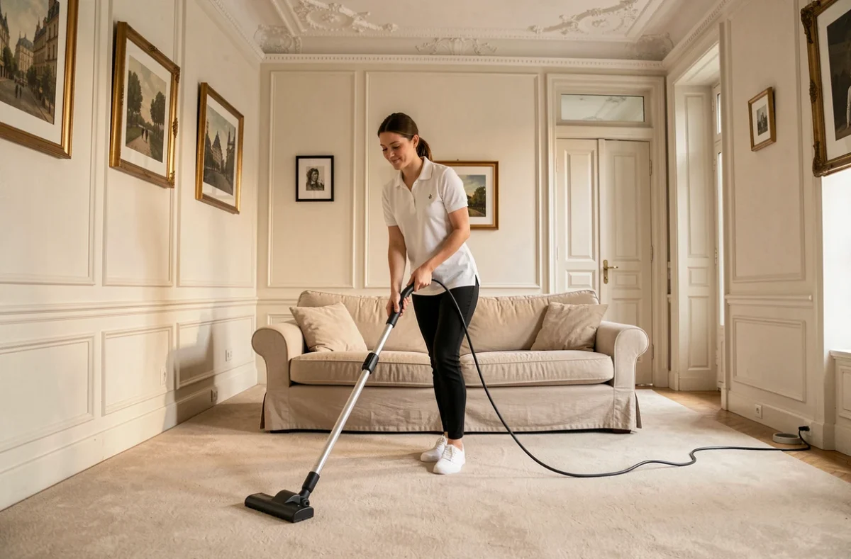 Aide ménagère passant l'aspirateur dans un salon parisien de style haussmannien