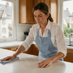 Aide ménagère professionnelle en tablier bleu nettoyant le plan de travail d'une cuisine moderne dans un appartement à Pau