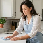 Aide ménagère en tablier bleu nettoyant le plan de travail d'une cuisine moderne avec un chiffon microfibre