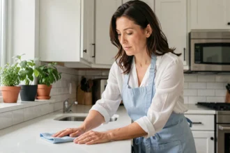 Aide ménagère en tablier bleu nettoyant le plan de travail d'une cuisine moderne avec un chiffon microfibre