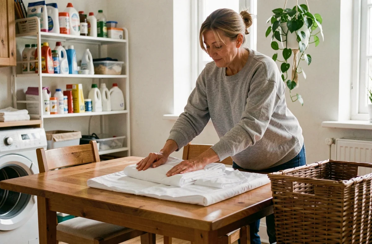 Aide ménagère pliant du linge propre sur une table en bois avec panier en osier dans une buanderie résidentielle