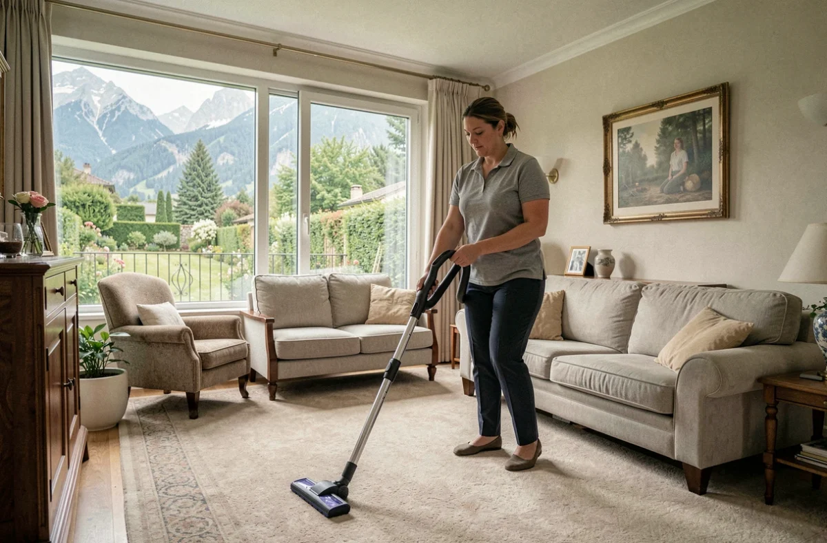 Aide ménagère passant l'aspirateur dans un salon d'une maison du Pays de Gex avec vue sur jardin