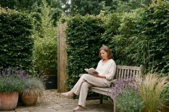 Femme assise dans un jardin aménagé avec haies épaisses et panneaux en bambou pour un confort acoustique et visuel optimal