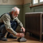 Homme âgé inspectant un radiateur ancien dans un appartement parisien