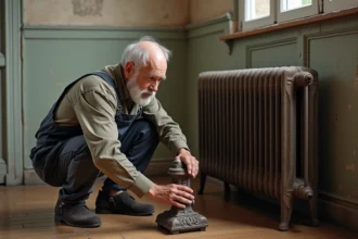 Homme âgé inspectant un radiateur ancien dans un appartement parisien