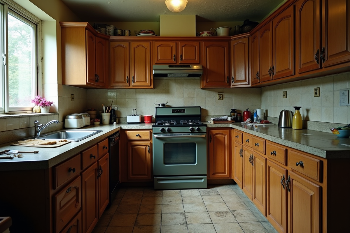 Ancienne cuisine avec meubles en bois et éclairage faible
