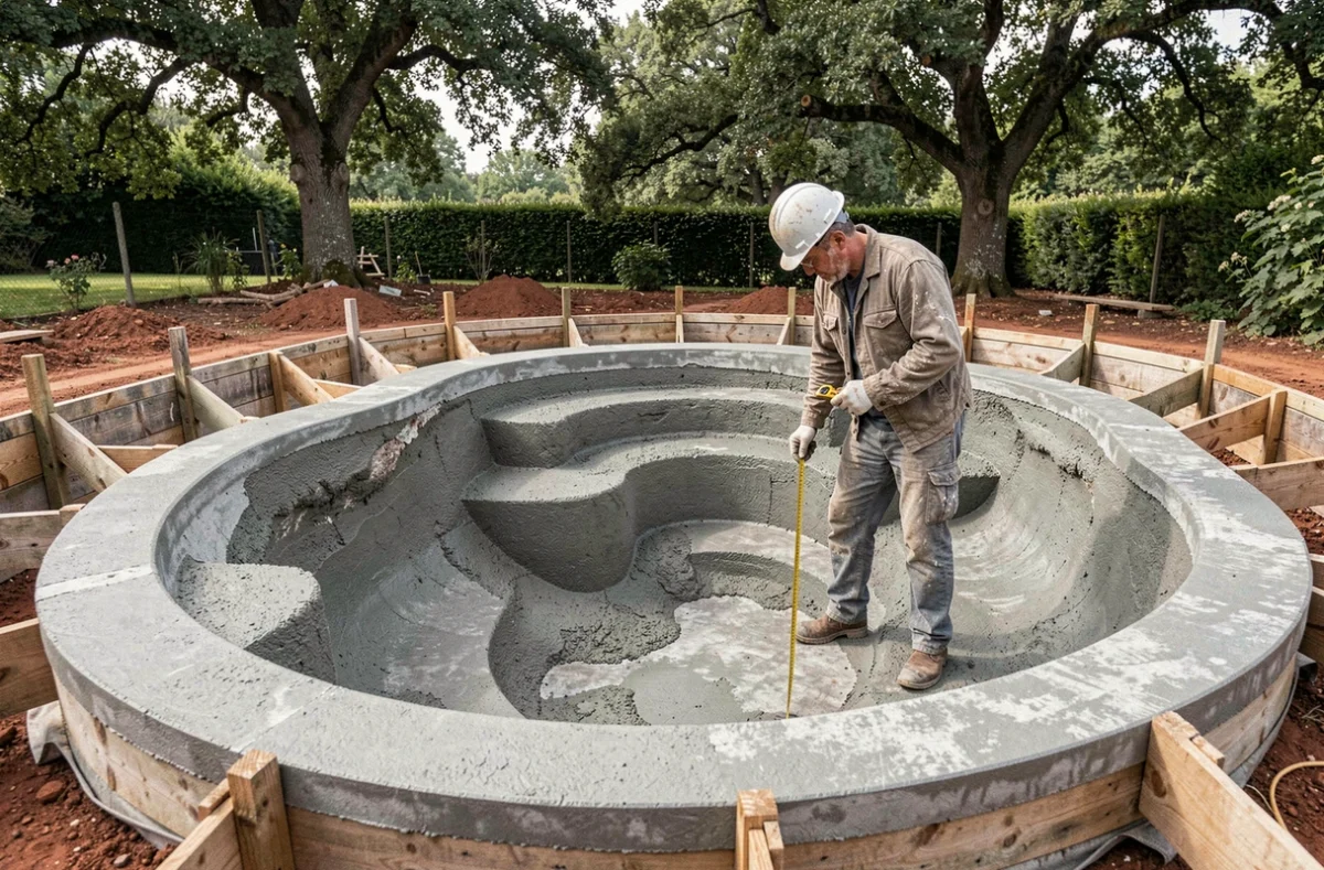 Construction d'une piscine en béton gunité sur mesure par Aqua Conception 31 dans un jardin de Haute-Garonne