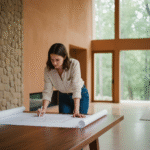 Jeune architecte examine un plan dans un intérieur moderne