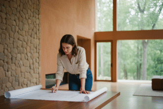 Jeune architecte examine un plan dans un intérieur moderne