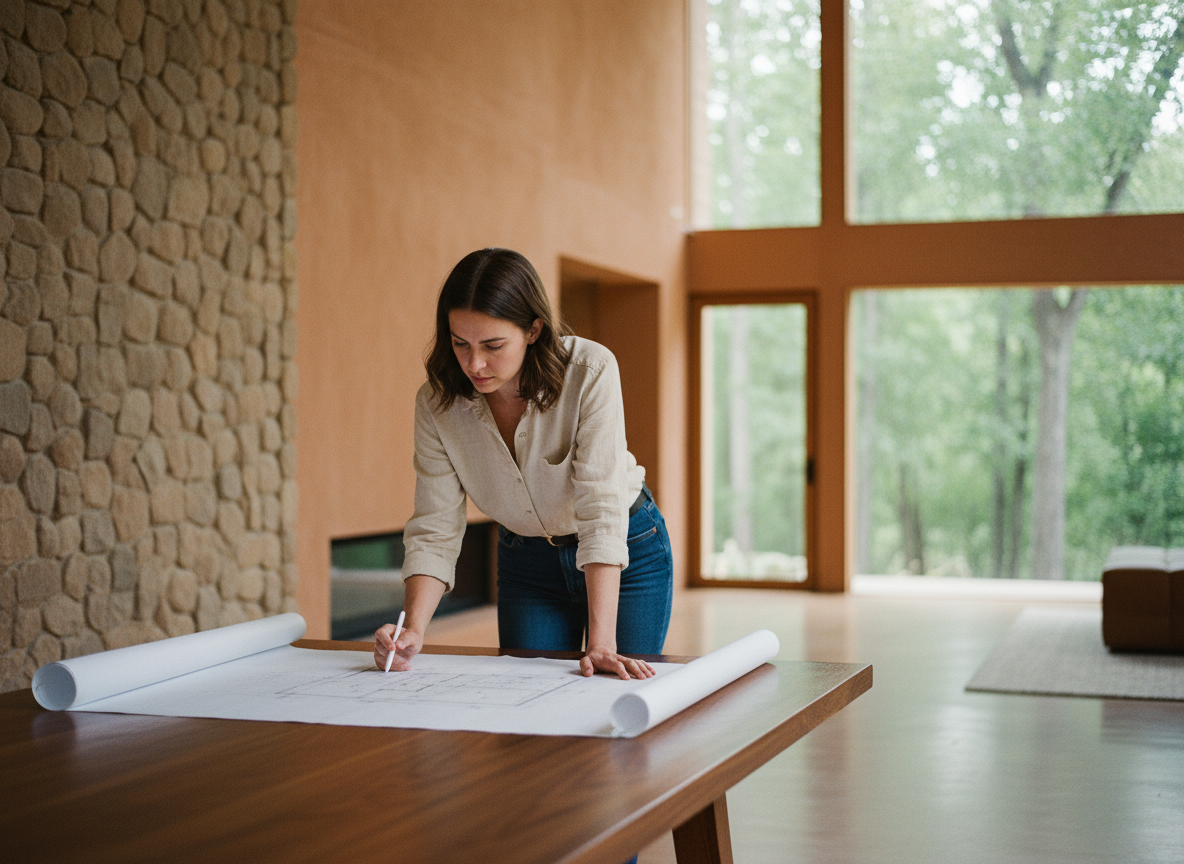 Jeune architecte examine un plan dans un intérieur moderne
