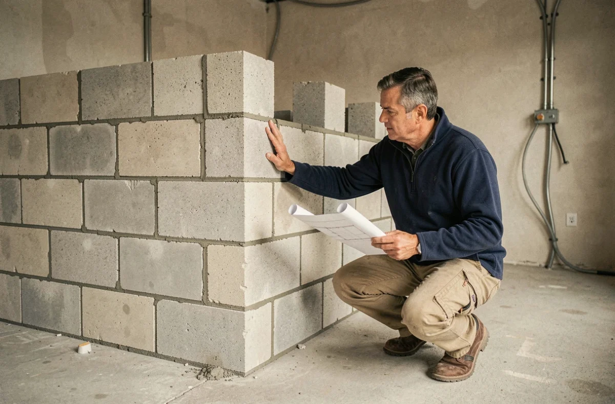 Architecte examinant une cloison intérieure en parpaings de 15 cm avec des plans de construction dans un bâtiment en cours de rénovation