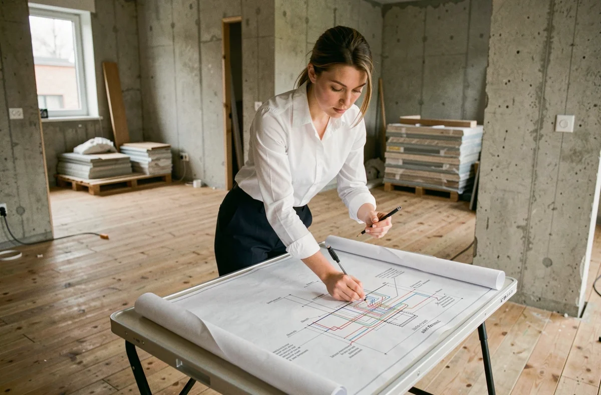 Architecte consultant un plan technique de câblage GTL lors d'une rénovation d'appartement