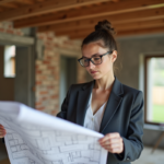 Architecte femme examine plans dans une extension en construction