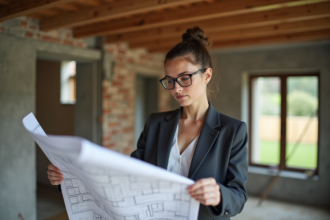 Architecte femme examine plans dans une extension en construction