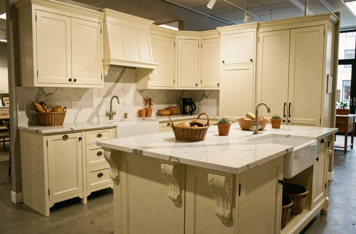 Cuisine campagne française Arthur Bonnet exposée à Caen avec cabinetry crème et évier de ferme en céramique