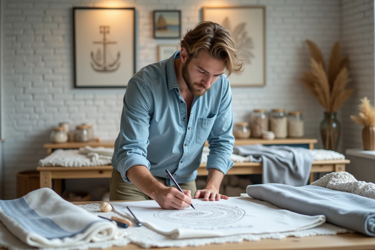 Jeune homme dessinant motifs marins dans atelier lumineux