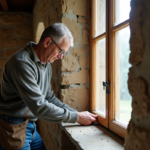 Homme middleaged appliquant isolant autour d'une vieille fenetre en pierre