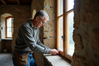 Homme middleaged appliquant isolant autour d'une vieille fenetre en pierre