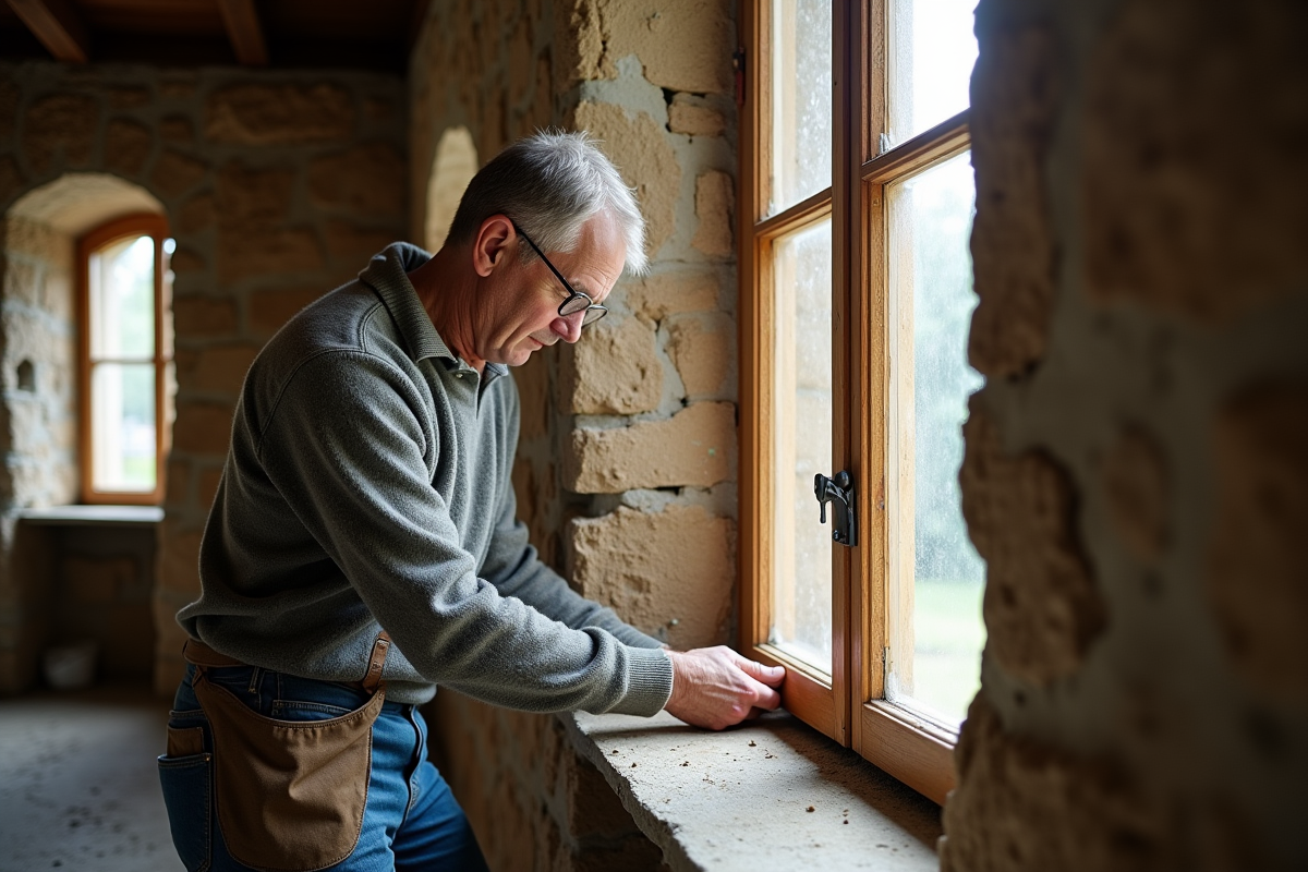 Homme middleaged appliquant isolant autour d'une vieille fenetre en pierre