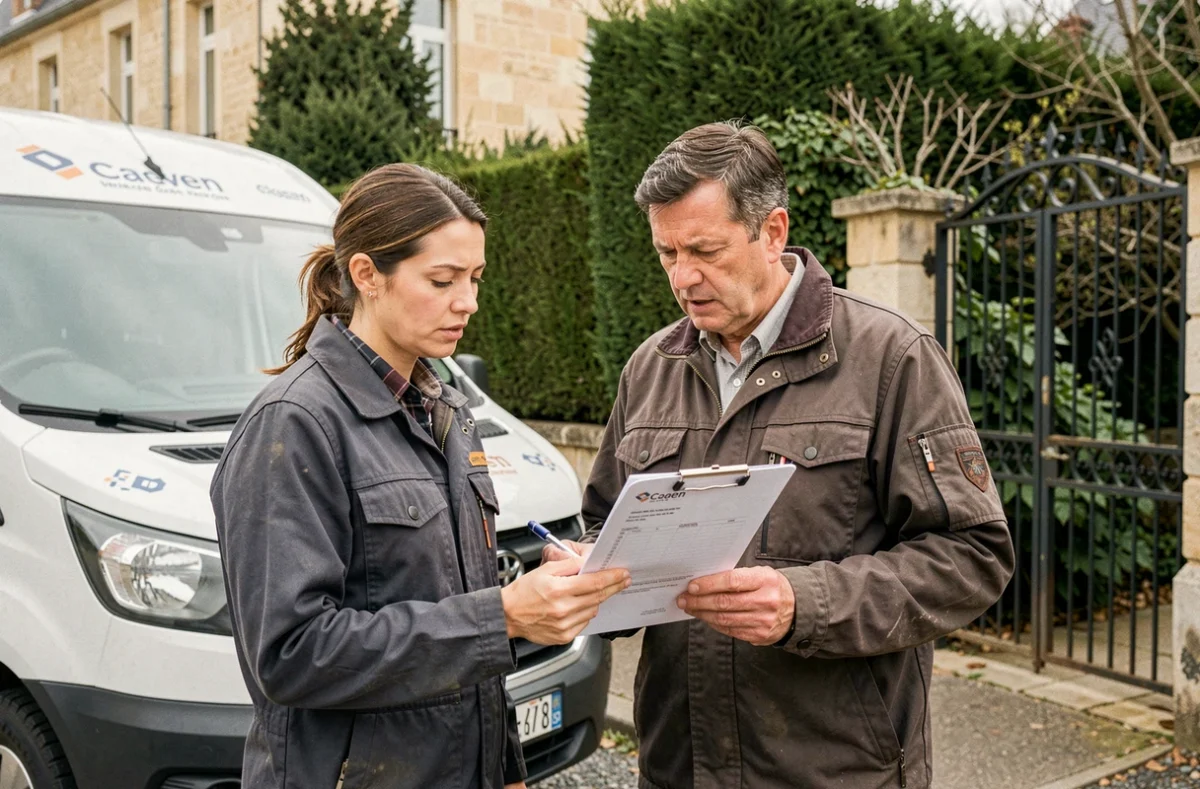 Deux artisans élagueurs discutant d'un devis d'élagage devant une propriété à Caen avant le début des travaux