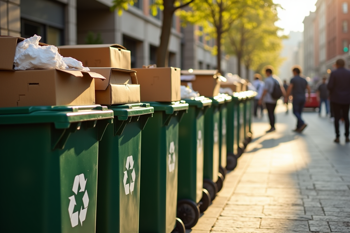 Bacs de recyclage remplis de cartons dans un environnement urbain