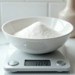 Balance avec 100g de sucre sur plan de travail blanc