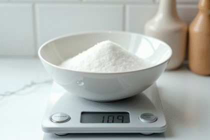 Balance avec 100g de sucre sur plan de travail blanc