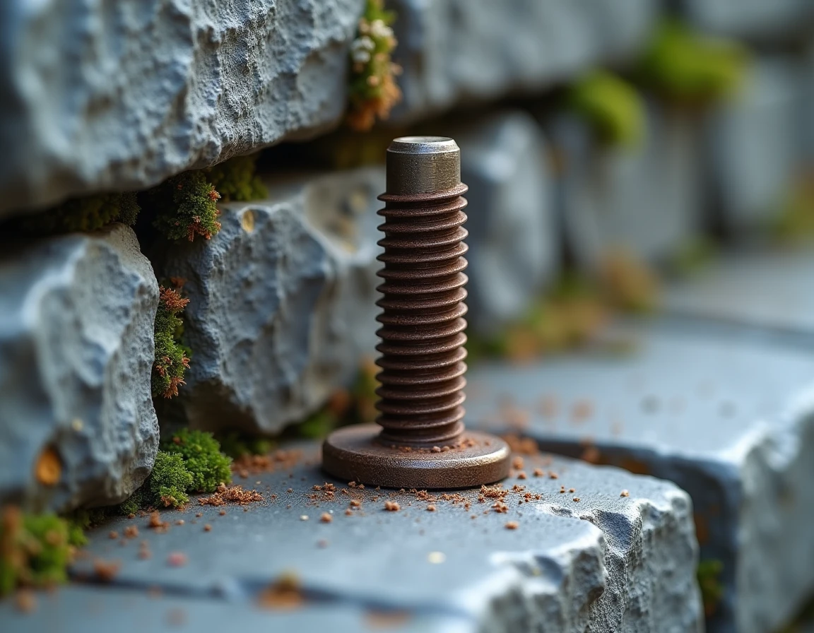 Gros plan sur un boulon de scellement chimique avec résine époxy durcie dans un mur en pierre extérieur