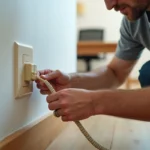 Homme branchant un câble téléphonique RJ11 dans une prise murale à domicile pour résoudre un problème de tonalité