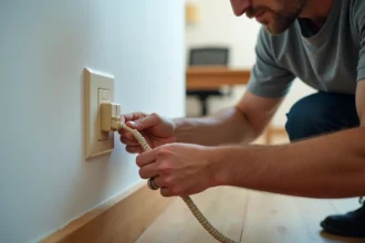 Homme branchant un câble téléphonique RJ11 dans une prise murale à domicile pour résoudre un problème de tonalité