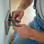 Électricien connectant trois fils électriques colorés dans une prise murale lors d'un remplacement de prise abîmée