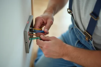 Électricien connectant trois fils électriques colorés dans une prise murale lors d'un remplacement de prise abîmée