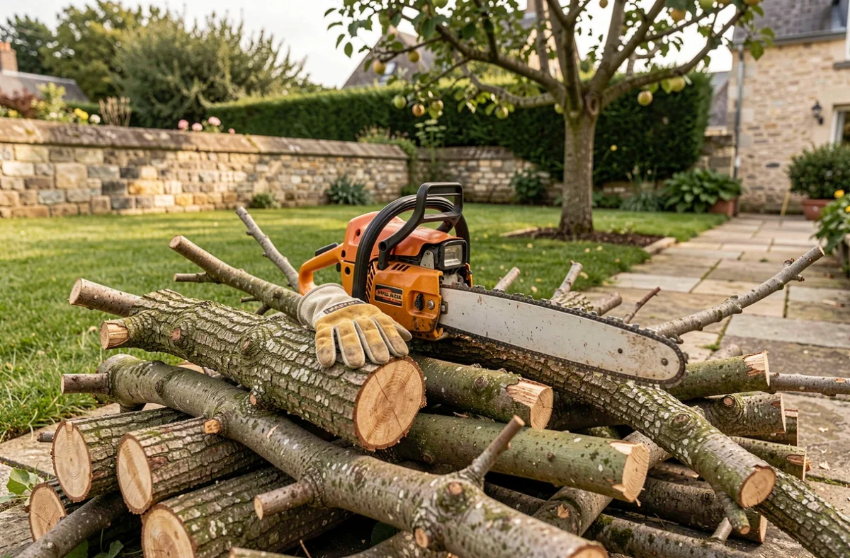 Tas de branches fraîchement coupées et outils d'élagage posés dans un jardin normand après une intervention à Caen