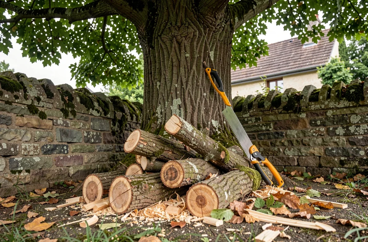 Branches élagués entassées au pied d'un châtaignier le long d'un mur mitoyen dans un jardin de commune française