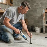 Bricoleur débutant utilisant un pistolet à ciment chimique pour remplir un trou dans un mur en béton dans un garage