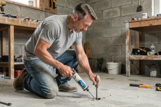 Bricoleur débutant utilisant un pistolet à ciment chimique pour remplir un trou dans un mur en béton dans un garage