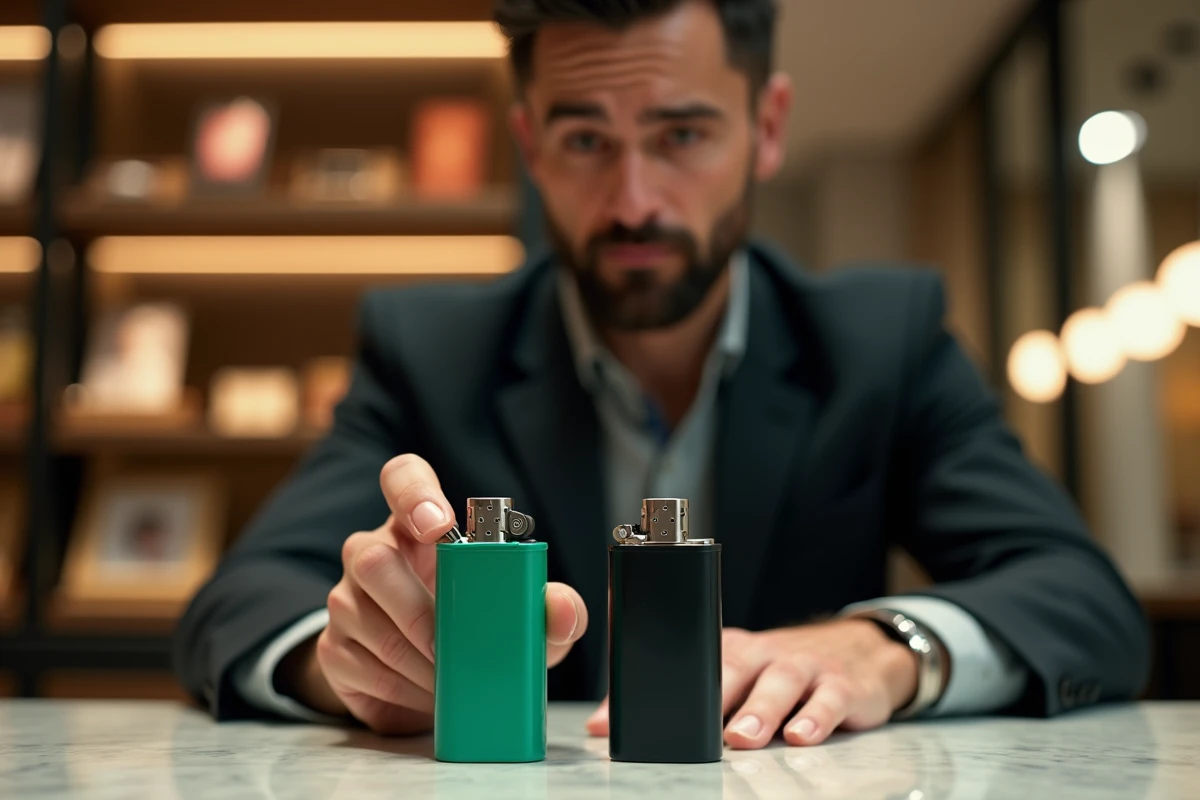 Homme élégant tenant un briquet design vert émeraude et céramique noire dans une boutique de luxe moderne