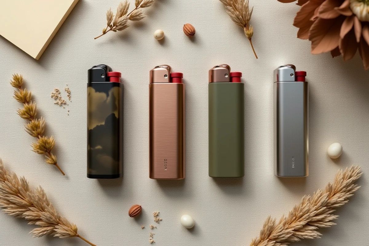 Flat-lay éditorial de quatre briquets tendance 2026 en résine fumée, cuivre brossé, vert olive et argent gravé sur lin