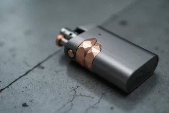 Briquet tendance 2026 en titane brossé avec incrustations or rose sur surface en béton poli